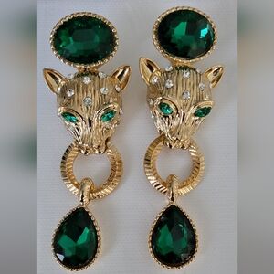 Gorgeous Goldtone Green Rhinestones Panther Earrings